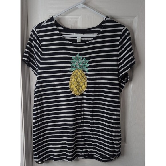 Charter Club Tops - Charter Club 100% Cotton Mavy & White Striped Tee with Pineapple Patch Size XL